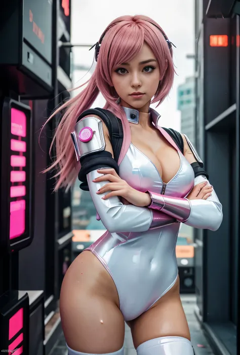 Full body like，Anime girl with pink hair and futuristic costume in the city, Hyper-realistic cyberpunk style, cyberpunk anime girl, Digital cyberpunk anime art, dreamy cyberpunk girl, Anime style. 8K, female cyberpunk anime girl, digitl cyberpunk - anime a...