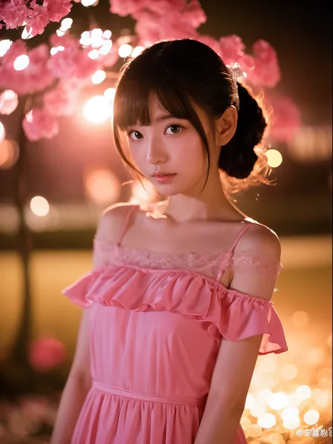 The attractive gaze of a young Japanese woman. 大きな胸、
The transparency of the pink and cyaan off-the-shoulder shirt dress, combined with the pale background, expresses the tranquility of the night. hairpiece, beautiful fantasy world scene, lens flare, tilt-...