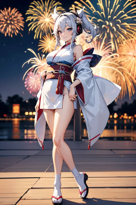 "anime girl, 1 person, silver white hair mixed with black, blue eyes, wearing headphones, womens kimono, same kimono, big breasts, holding cotton candy, long socks, standing cross-legged, shy smile, festival, New Years Eve fireworks, watch fireworks, solo(...