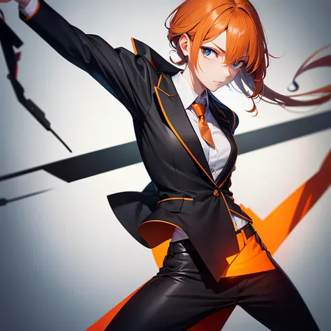 Illustrate a character in sleek business attire, featuring a short orange jacket with a number "02" on the shoulder. The outfit should be styled with black and orange lines. The character wields a small baton emitting an orange electric effect, and casuall...