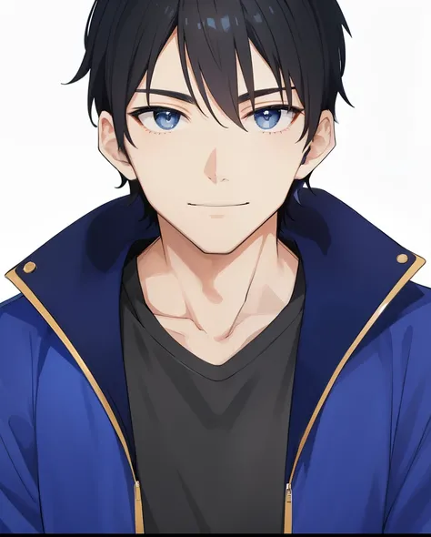 a man in a blue jacket and black shirt with a black shirt smiling , tall anime  with black eyes, young anime man, anime handsome man,