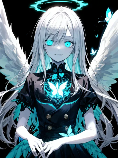 Best Quality、masutepiece、Ultra-detailed、face perfect、Extremely detailed、Extremely delicate、1 boy, (Scary), Angel, Gorgeolanche&#39;The halo), Dark, Glowing eyes, Light green eyes, Angel wings,  holy, , blancheのチュニック, 2対のblanche angel wings, which are full ...