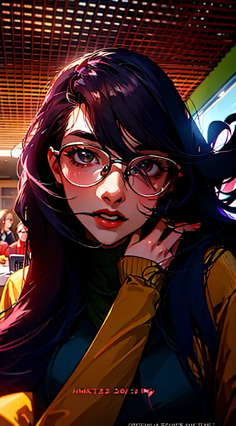 there is a woman with glasses sitting at a table with a cell phone, wavy long black hair and glasses, spectacled, 18 years old, with glasses, 2 2 years old, 2 3 years old, with long hair, 2 8 years old, 2 7 years old, 21 years old, 1 6 years old, with glas...