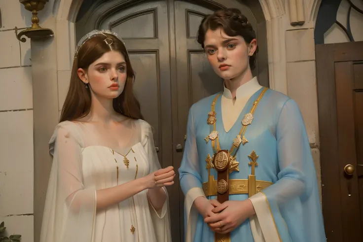 1143, Kingsbridge, England. otherworldly scene outside a medieval church, ((((23-year-old)) Alexandra Daddario)), with (((Levi Miller))), wedding, ((unhappy serious expression)), ((((tunic and gown from the 12th century))))((hairstyle of the 12th century))...