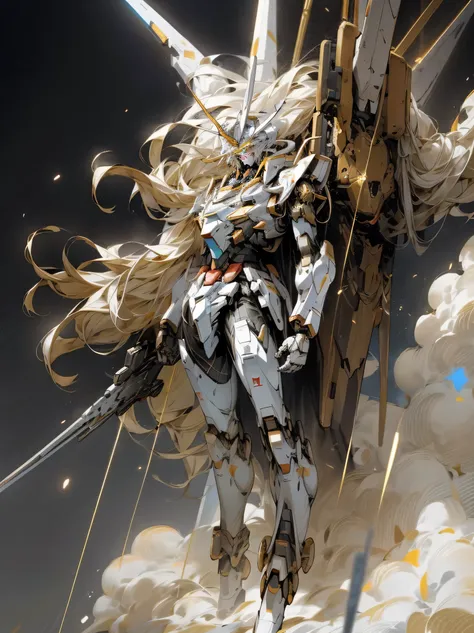 sky sky, cloud, fail_arma, The No_human character, glowing, Gundam robots, buliding, glowing_eyed, mechs, scientific fiction, 城市.actual,mechs，clean background trending, Gold and black tones, Golden ratio composition，fully body photo，Crystal material, town