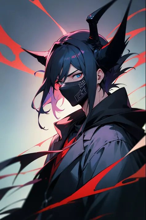 A 30s man with a crow on shoulder, The face is covered with a black mask,  black hoodie, wear a hood, anime illustration style, upper body, diagon angle, dynamic pose, devil horns, his eyes are shining blue, Its dark and I cant see your facial expressions,...