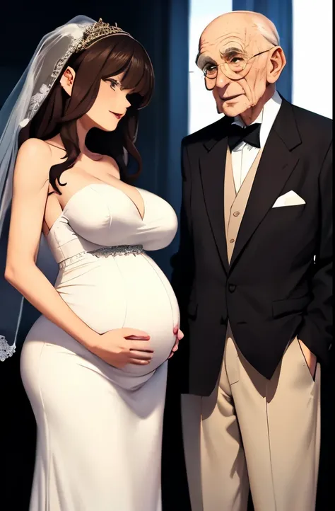 Pregnant woman dark hair medium breasts thin legs wearing wedding dress 90 year old old man wearing dark suit holding woman