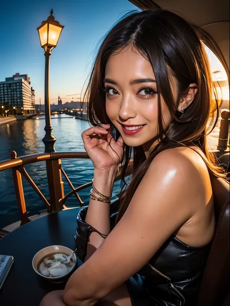 1 punk girl, fish eye, self-shot, wind, hair messy, sunset, cityscape, (aesthetics and atmosphere:1.2),smiling