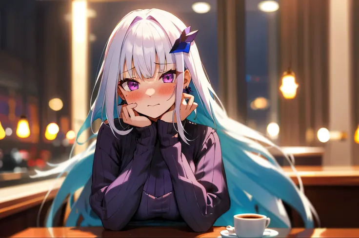 One girl with long hair, bangs, white hair, blue inner hair:1.25) , purple eyes, looking at viewer, blushing, embarrassed, indoor, cafe, table, sitting, sweaters, earrings, mid-chest, night atmosphere, hair ornament, medium breasts, upper body, focus, blur...