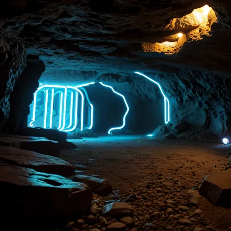 technological cavern, neon lights, ultra realistic, cavernarna natural realista, LED, letreiro escrito "caverna"