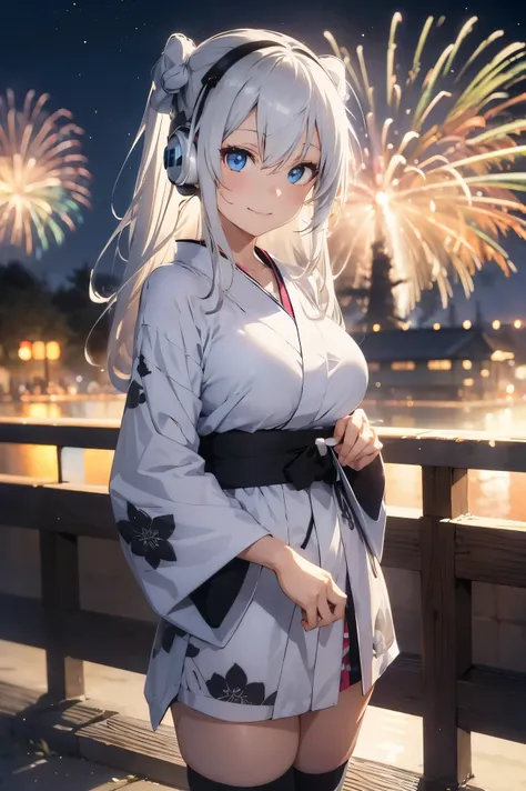 "anime girl, 1 person, silver white hair mixed with black, blue eyes, wearing headphones, womens kimono, same kimono, big breasts, holding cotton candy, long socks, standing cross-legged, shy smile, festival, New Years Eve fireworks, watch fireworks, solo(...