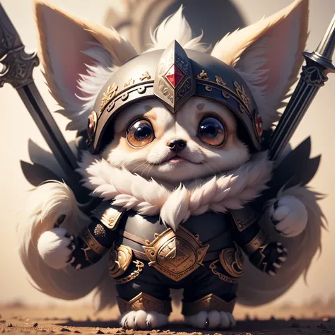 There is a cute chihuahua puppy，very big eyes, very small muzzle, white coloroked long fur, Wearing armor，A long sword in hand，Cut forward，Cute and detailed digital art，lovely digital painting，adorable digital art，Cute 3d rendering，Lovely detailed artwork，...