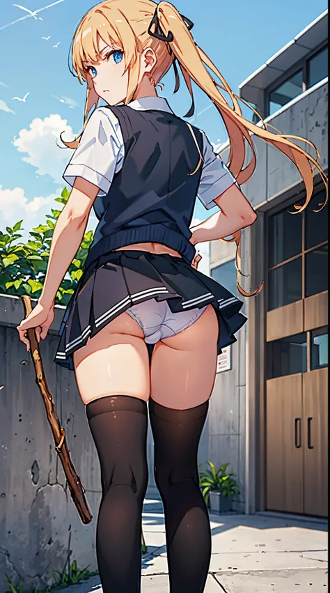 a female cartoon character in short sleeve schoolgirl dress 1 girl, sawamura spencer eriri, Solo, thighs thighs thighs thighs, School uniform, Blonde hair, Blue eyes, Twin-tailed, Long hair, Skirt, thighs thighs thighs thighs, bow ribbon, Looking at Viewer...