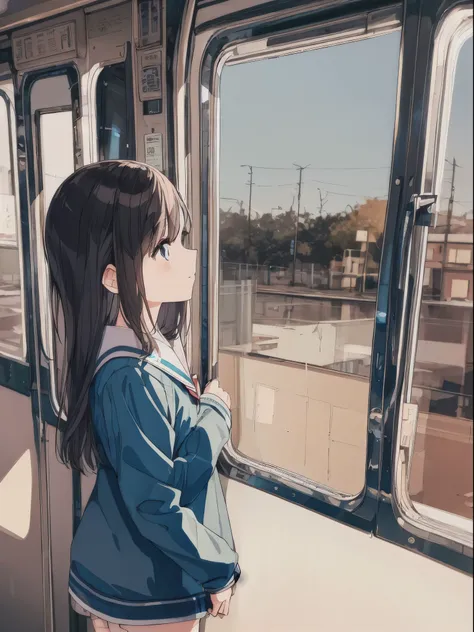 view from inside the bus、Girl in a sailor suit、profile、Looking out the window、Nostalgic、