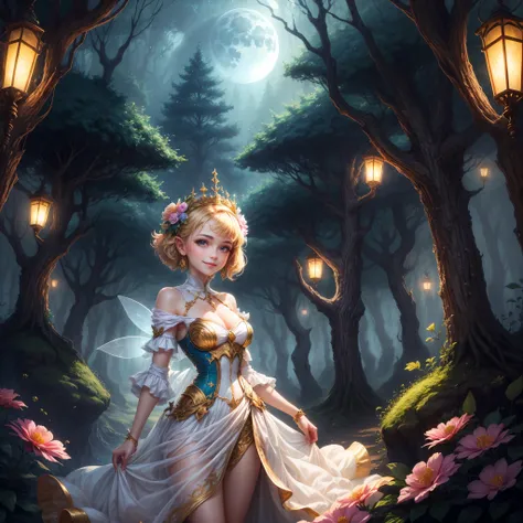 charming fairy, Enigmatic Atmosphere, peacful, ssmile, with short golden hair, Exquisite headdress, Gem earring, a white long skirt, Permanent, fantasy forest world, Colorful flowers, shining star, Soft moonlight