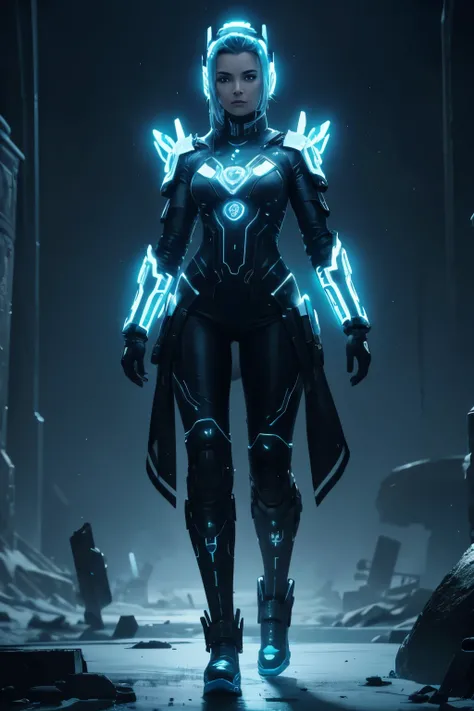 "In a desolate, icy landscape, a cybertechpunk humanoid woman stands tall and proud, their body covered in intricate bioluminescent tattoos that seem to come to life with every movement. These spheres tell the story of an ancient civilizations saga, a stor...