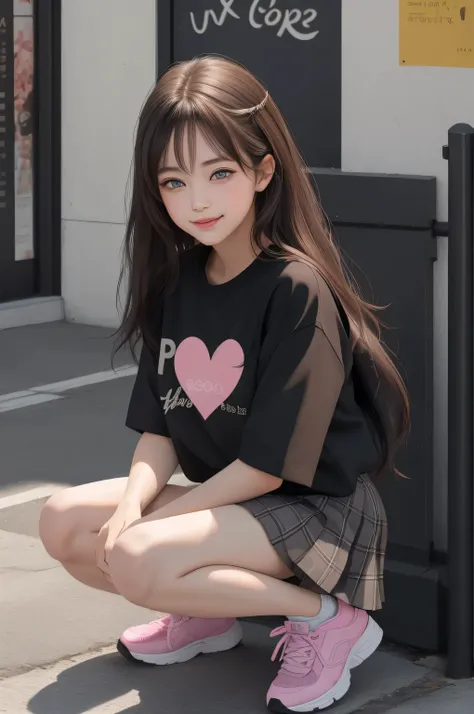 {there is a young girl walking down a street in a city. she is beautiful, and attractive. she is wearing a black t-shirt, and grey checkered skirt. her shirt is untucked, and has an image of a pink heart at the front. she is also wearing black sneakers wit...