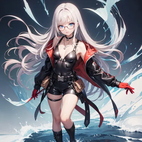 masutepiece,Best Quality, ((Forehead)),((White hair)),((longwavy hair)),((stylish glasses for blue eyes)),(((Very small breasts))),very slender figure,(slightly plump thighs),((40 years,)) ,1lady ,Solo,is standing,Full body ,a choker,黒いa choker ,cropped ja...