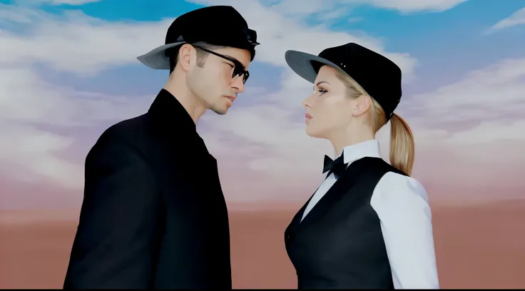 A man wearing glasses and a black hat is looking at the woman in front of him, the woman looks at the man in front of her with sadness