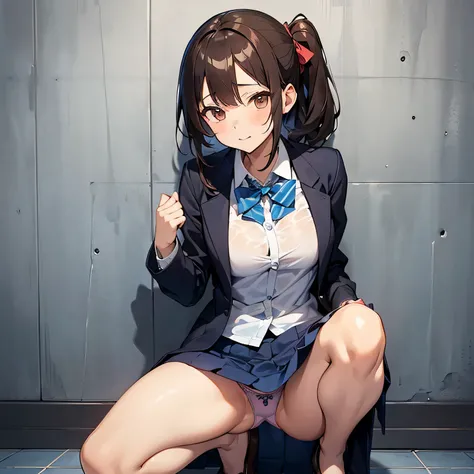 ((((masutepiece, Highest Quality, Best Quality, 1girl in, Solo, Beautiful anime、Detailed picture))))、18year old、A slender、slightly larger breasts、skinny thigh、((dark brown hair、Longhaire、Brown-eyed、rounded eyes、Clear department、、)),((Dirty floor、Filthy flo...