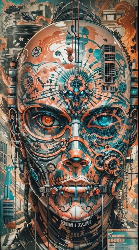 Explosive, otherworldly painting of a shape-shifting deity adorned with chaotic Terminator motifs and omnipresent, piercing eyes, a breathtaking amalgamation of fine art and captivating photo collage, mesmerizing poster design:: their appearance exuded the...