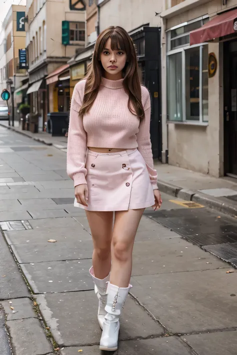 1 girl, andando por uma rua, dia ensolarado, brown hair, peito grande, Tight pink sweater, mini saia branca, grandes botas rosa, olhos azuis, cabelo longo rosa com franja perto dos olhos, reluzente, lindo natural, thick lips, cor rosa claro, Brilho Natural