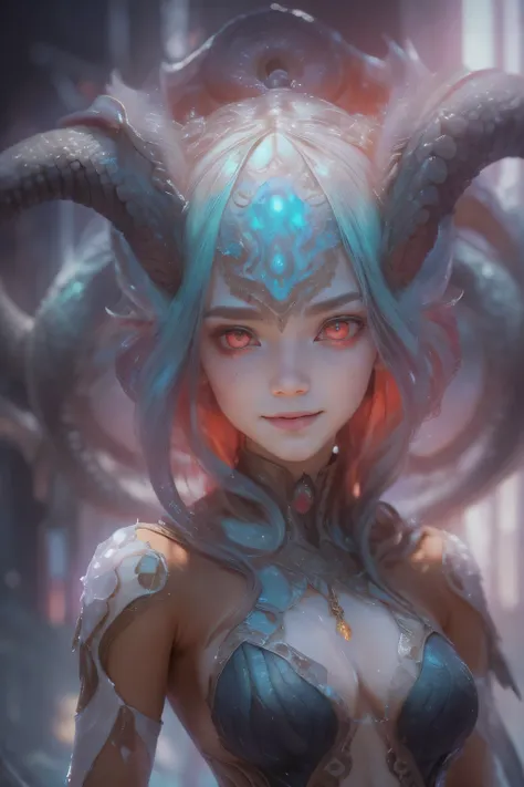 Portrait, (beautiful female alien:1.2),  (There is a female genital-like organ in the middle of the forehead.:1.8), (The most beautiful face in the history of the universe:1.2), (scarlet eyes:1.6), (Translucent skin:1.8), an evil gaze that seduces, (red ey...