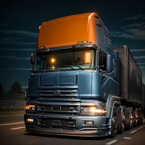 there is a large euro semi truck driving down the road with lights at night,, nice lighting, , 8k)), very beautiful lighting, wide body, octa 8k, cool looking, , impressive lighting, orange lighting, beautiful lit, high quality picture, fantastic lighting,...