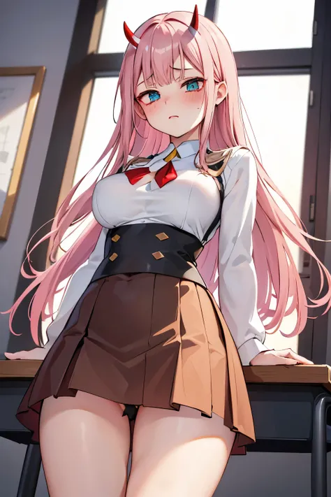 (Masterpiece:1.2, high quality), (pixiv:1.4), (1girl:1.2), (solo:1.2), (embarrassed), (Zero two), horns, bangs, wavy hair, crystal green eyes, (detailed eyes), black eyeshadow, (blush:1.2), school uniform, brown skirt, (beautiful round breasts:1.2), collar...