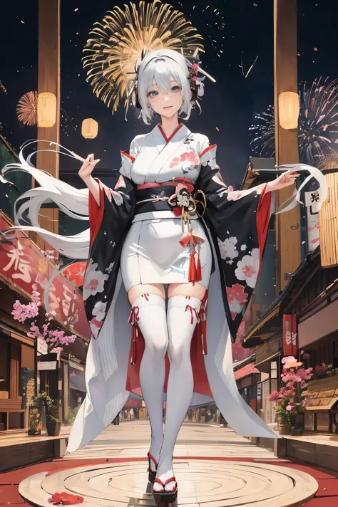 "anime girl, 1 person, silver white hair mixed with black, blue eyes, wearing headphones, wearing a kimono, womens kimono, traditional kimono, detailed outfit, big breasts, white kimono mixed with black, stockings  long, standing cross-legged, smiling shyl...