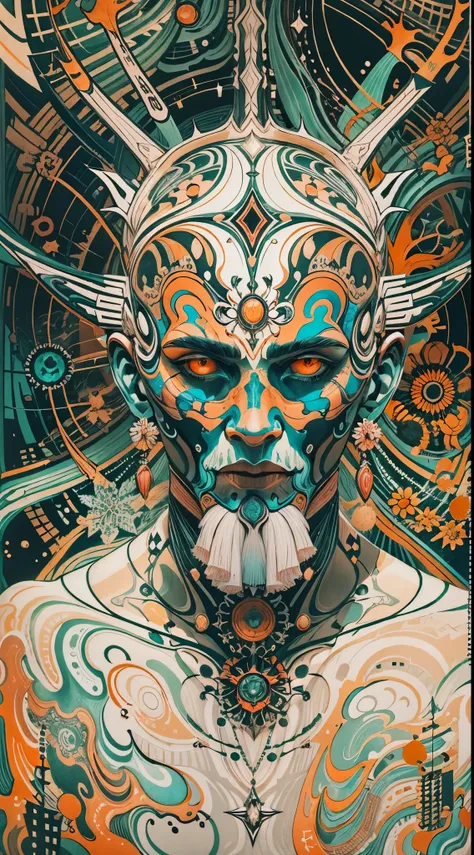 Explosive, otherworldly painting of a shape-shifting deity adorned with chaotic Tesla punk motifs and omnipresent, piercing eyes, a breathtaking amalgamation of fine art and captivating photo collage, mesmerizing poster design:: their appearance exuded the...