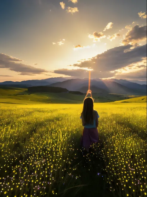 Morning expansive landscape photograph , (a view from below that shows sky above and open field below), a girl standing on flower field looking up, day view , distant mountain, (cool light source:1.2), ( Fireflies:1.2), (glowing lighting, atmospheric light...