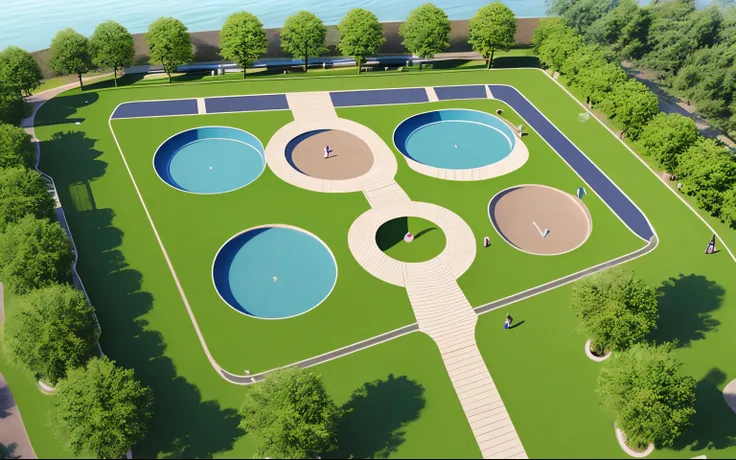 city park, realistic park rendering, play ground for kids, relax play, lake inside, small soccer ground, realistic rendering