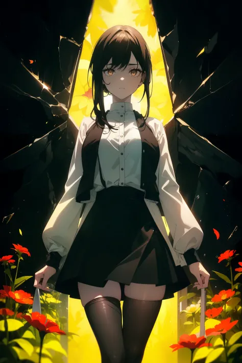 ((((Obra maestra, La mejor calidad, ultrahigh resolution)))), 1girl, standing, ((wearing a miniskirt and cool jacket, tights)), (long black hair in view, in frame), pale skin, ((brown eyes)), (glowing_eyes, luminescent eyes), ((ultra detailed eyes:0.7, bea...