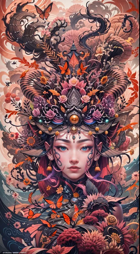 Explosive, otherworldly painting of a shape-shifting deity adorned with chaotic cultivation xianxia motifs and omnipresent, piercing eyes, a breathtaking amalgamation of fine art and captivating photo collage, mesmerizing poster design:: their appearance e...