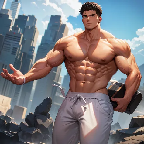 chico anime con un cuerpo musculoso y una camisa ajustada puesta, muscular!!, muscular character, Estilo baki, muscular! Blanco, muscular!!!, muscular!, Super buff y cool, musculatura, big biceps, muscular!! Science-Fiction, muscular characters, Hermosa po...