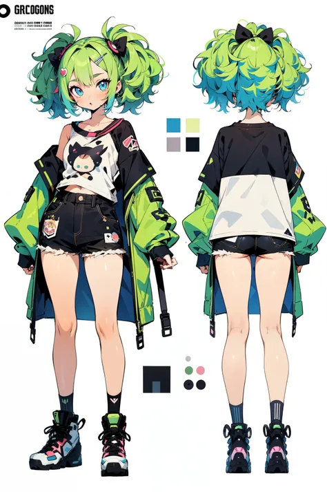 1 solo girl, anime illustration, refsheet, turnaround, girl, anime styled, character design, 2d, oversized tshirt and shorts, bl...