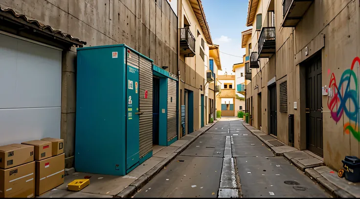 An alley, with cardboard boxes, botes de basura, sucio, lleno de grafitis, obra maestra, mejor calidad 1.2 antecedente de calidad 1.2, ultra realista, ultra detallado,