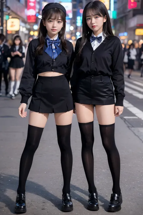 (full body photographed)、street snap、a baby-faced girl wearing a short skirt and bow tie stands on a neon street at night.(tall)...