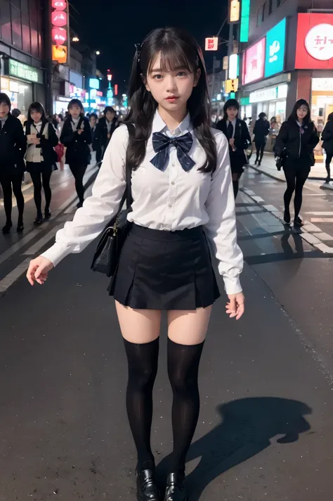 (full body photographed)、street snap、a baby-faced girl wearing a short skirt and bow tie stands on a neon street at night.(tall)...