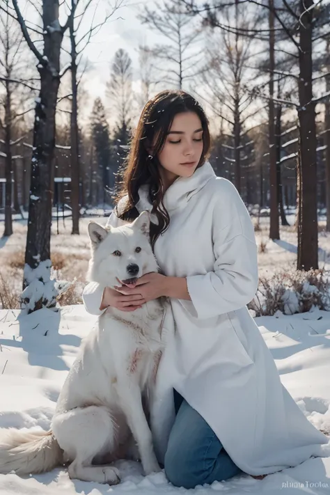 A white wolf and a beautiful girl in a serene winter forest, snowflakes gently falling, soft moonlight casting a magical glow on their faces, conveying a sense of ethereal connection and companionship, Illustration, watercolor painting,