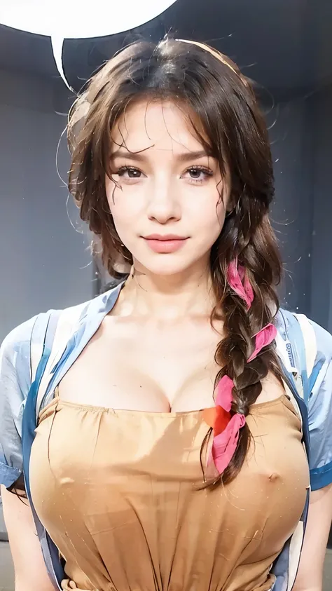 a woman with a braid in a dress, long hair, breasts, large breasts, brown hair, cleavage, brown eyes, collarbone, short sleeves, multicolored hair, speech bubble, lips, single braid, floral print, hair over shoulder