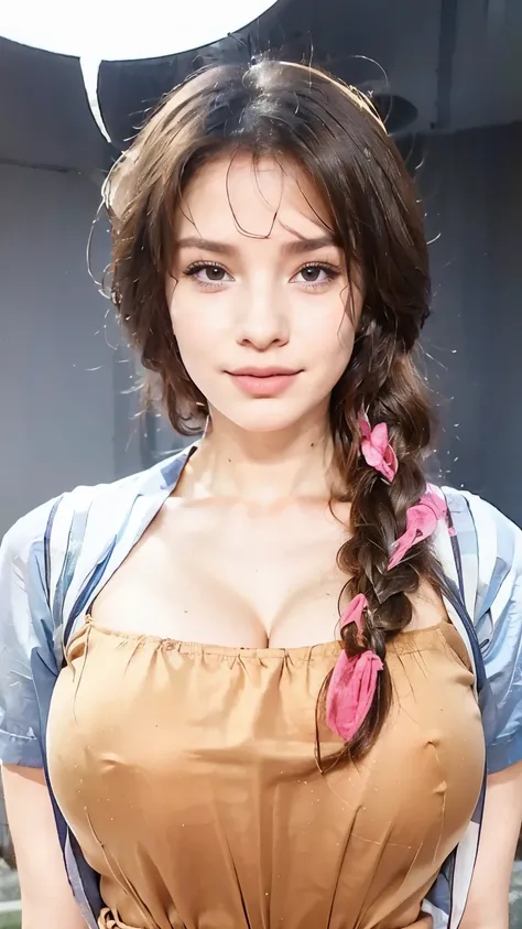 a woman with a braid in a dress, long hair, breasts, large breasts, brown hair, cleavage, brown eyes, collarbone, short sleeves, multicolored hair, speech bubble, lips, single braid, floral print, hair over shoulder