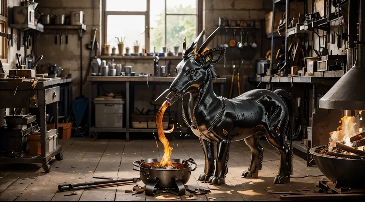 A view with a wide lens of the metalworking workshop. Show your art and skill in metal forging, welding and metal animal metal sculptures. Capture the fiery beauty and intricate craftsmanship of metal art.