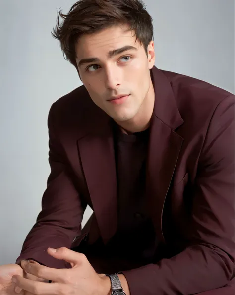 arafed man in a maroon suit sitting on a table, handsome and attractive, promotional portrait, jakub gazmercik, arian mark, prof...