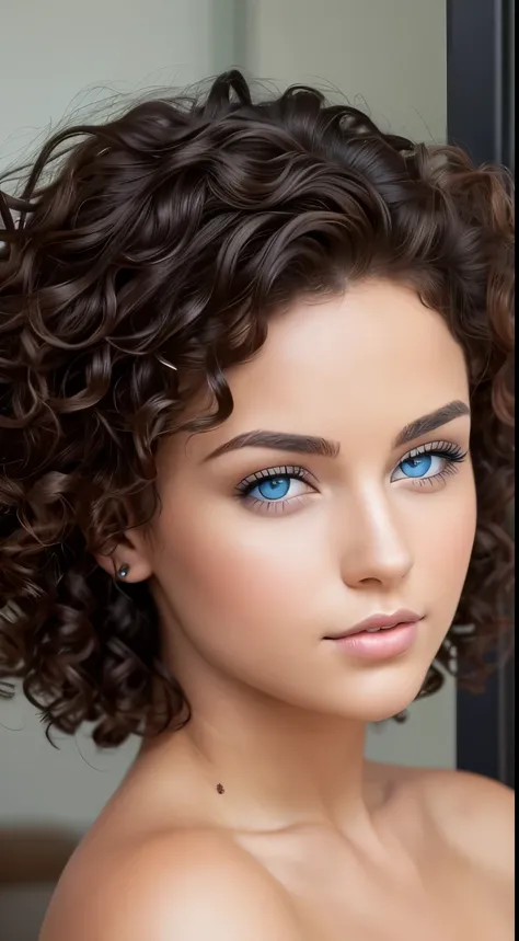 Front view of a magnificent young woman with blue eyes, this woman has short and curly hair, luscious lips.