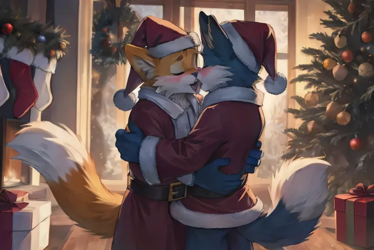 Catboy X Tails - style illustration of a cat and fox couple hugging each other in front of a Christmas tree, commission on furaffinity, Arte peluda, beijos juntos fofos, muito muito linda Arte peluda, Arte peluda!!!, fantasia gato e raposa amor, arte do an...