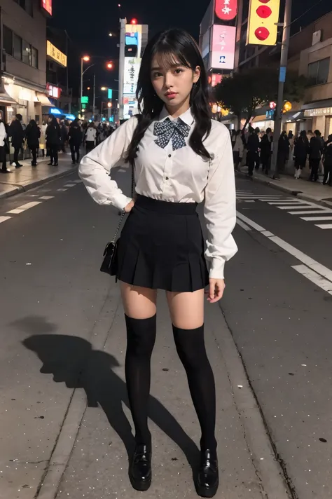 (full body photographed)、street snap、a baby-faced girl wearing a short skirt and bow tie stands on a neon street at night.(tall)...