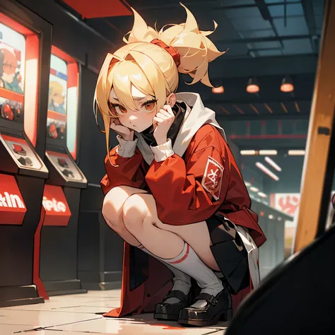 a blond、Bad eyes、glares、White muffler、Red jersey jacket、Check skirt、Bad Girls、hitornfreckles、crouching down、In front of the arcade