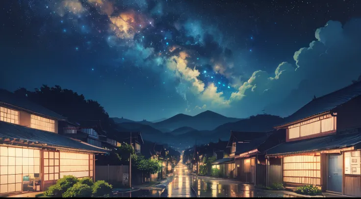 ((Hayao Miyazaki style,dark night,Gorgeous starry sky:1.5)), praise, praise style, modern japanese street, modern japanese architecture, japanese convenience store, big retro japanese store sign, retro japanese shop, tree, plant, rocks, flowerpots, shop si...